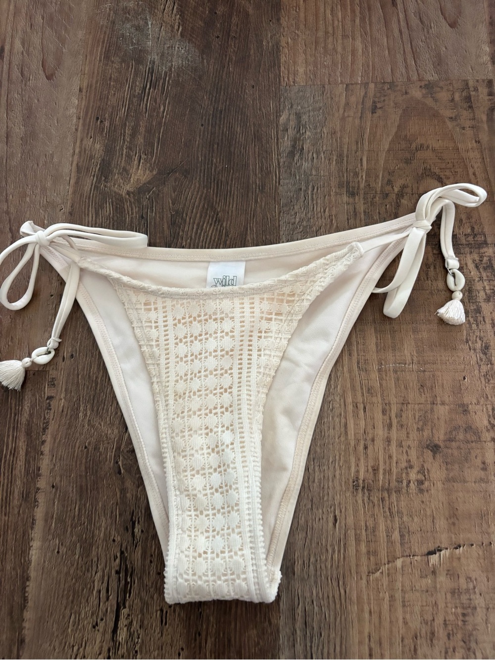wild fable Cream Crochet Tie-Side Bikini Bottom with Tassel Detail